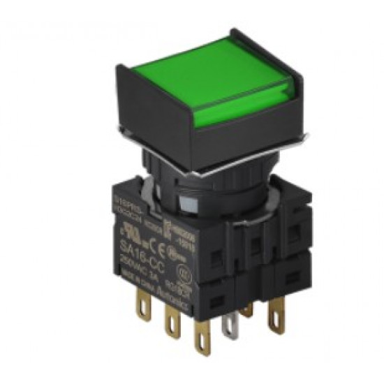 16mm Nyomógomb - 2NO, Zöld LED 24V AC/DC 20mA, IP65 max.250VAC / 3A 16mm Nyomógomb - 2NO, Zöld LED 24V AC/DC 20mA, IP65 max.250VAC / 3A