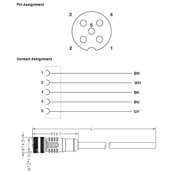 Jeladó kábel - 10 méteres, M12-5 tűs anya, A standard,  IP67