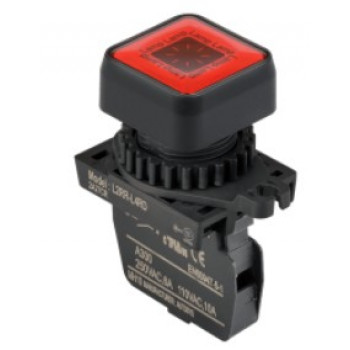 Lámpa - Piros négyzetes D22mm, 12-24VDC / AC, max.fogy. 20mA, IP52