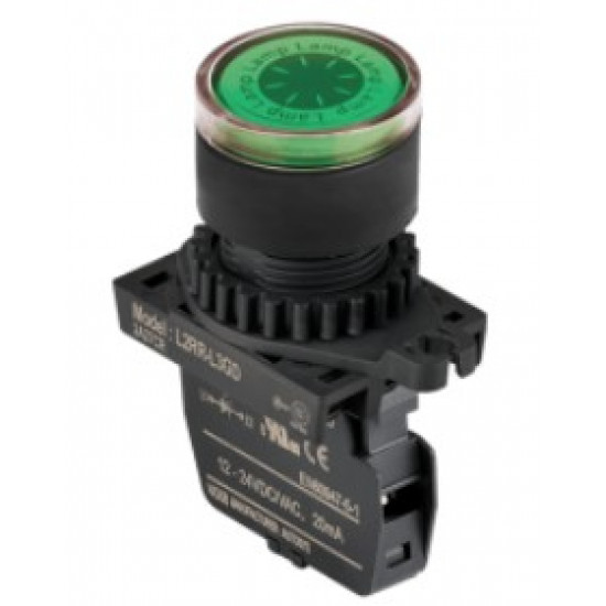 Lámpa - Zöld körlalakú D22mm, 12-24VDC / AC, max.fogy. 20mA, IP52 Lámpa - Zöld körlalakú D22mm, 12-24VDC / AC, max.fogy. 20mA, IP52