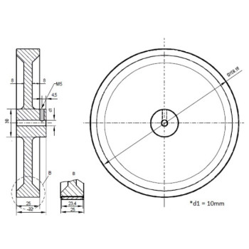 Mérőkerék - 500 mm - PUR bordászott felület - alumínium kerék, 10mm-es tengely