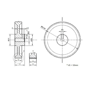 Mérőkerék - 200mm-es - PUR bordázott felület, Alumínium kerék, 10mm-es tengelyre