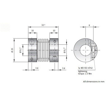 Mmax 2,3 Nm, d1=10mm / d2=10mm, n.max.12.000 1/min., max.+/- 2° szögeltérés