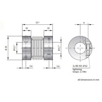 Mmax 2,3Nm, d1=8mm / d2=10mm n.max 12.000 1/min., max +/- 2°szögeltérés