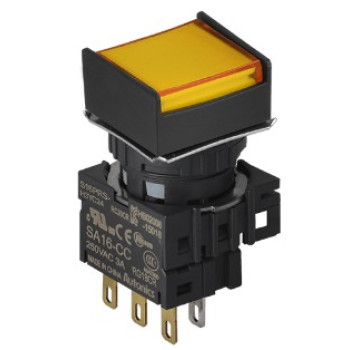 Nyomógomb - 1 NO/NC,kontakt,bennragadó,sárga LED,5VDC,Max 250VAC-/3A,IP65 (IEC)