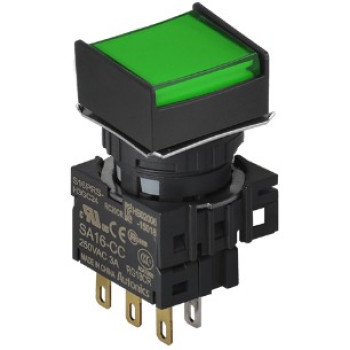 Nyomógomb - 1 NO/NC,kontakt,bennragadó,zöld LED,5VDC,Max 250VAC-/3A,IP65 (IEC)