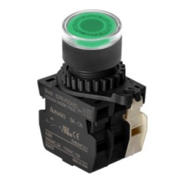 Nyomógomb - 1NO + 1NC kontakt, Zöld LED 24V AC/DC 20mA, IP65, max.250VAC / 6A