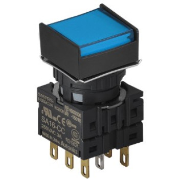Nyomógomb - 2 NO/NC,kontakt,visszatéro,kék LED,5VDC,Max 250VAC-/3A,IP65 (IEC)