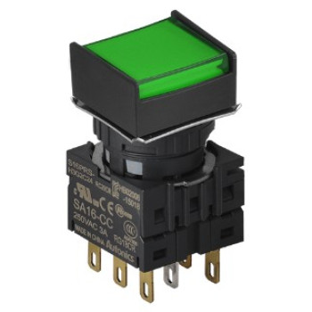 Nyomógomb - 2 NO/NC,kontakt,visszatéro,zöld LED,5VDC,Max 250VAC-/3A,IP65 (IEC)