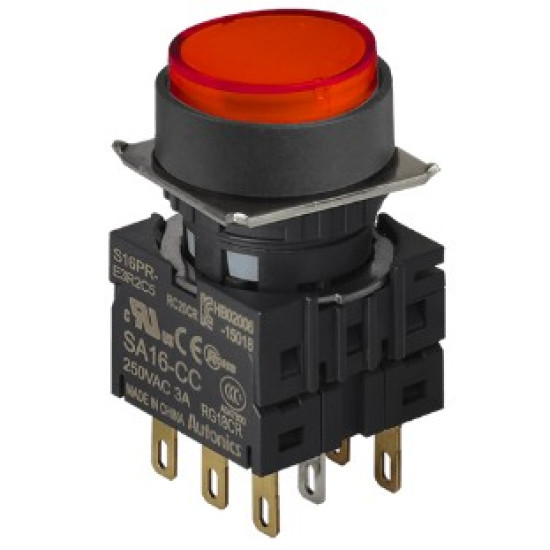 Nyomógomb - 2NO, Piros LED 24V AC/DC 20mA, IP65 max.250VAC / 3A Nyomógomb - 2NO, Piros LED 24V AC/DC 20mA, IP65 max.250VAC / 3A