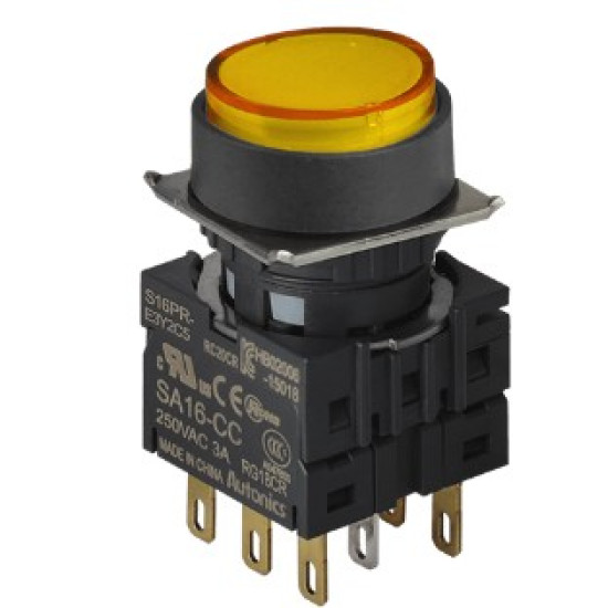 Nyomógomb - 2NO, Sárga LED 24V AC/DC 20mA, IP65 max.250VAC / 3A