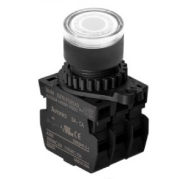 Nyomógomb - 2x NO kontakt, Fehér LED 24V AC/DC 20mA, IP65, max.250VAC / 6A