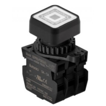 Nyomógomb - 2x NO kontakt, Fehér LED 24V AC/DC 20mA, IP65, max.250VAC / 6A