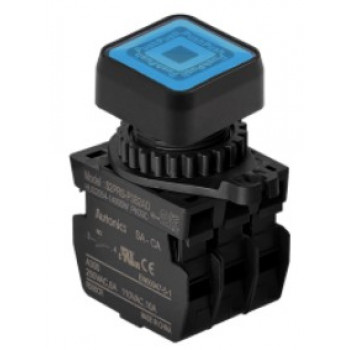 Nyomógomb - 2x NO kontakt, kék LED 24V AC/DC 20mA, IP65, max.250VAC / 6A