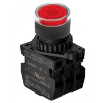 Nyomógomb - 2x NO kontakt, Piros LED 24V AC/DC 20mA, IP65, max.250VAC / 6A