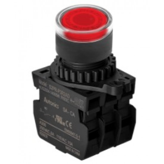 Nyomógomb - 2x NO kontakt, Piros LED 24V AC/DC 20mA, IP65, max.250VAC / 6A