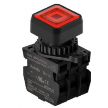 Nyomógomb - 2x NO kontakt, Piros LED 24V AC/DC 20mA, IP65, max.250VAC / 6A