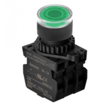 Nyomógomb - 2x NO kontakt, Zöld LED 24V AC/DC 20mA, IP65, max.250VAC / 6A
