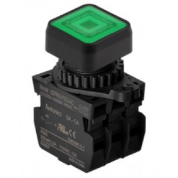 Nyomógomb - 2x NO kontakt, Zöld LED 24V AC/DC 20mA, IP65, max.250VAC / 6A