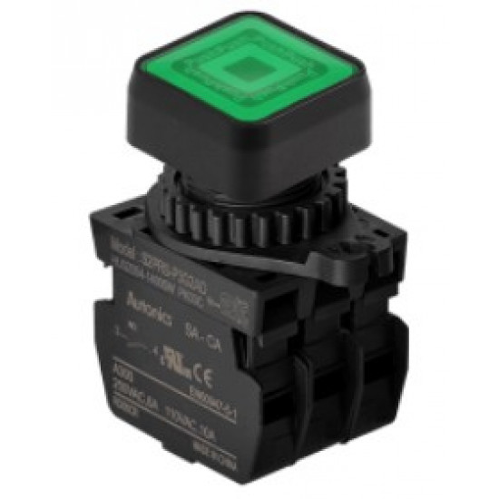 Nyomógomb - 2x NO kontakt, Zöld LED 24V AC/DC 20mA, IP65, max.250VAC / 6A Nyomógomb - 2x NO kontakt, Zöld LED 24V AC/DC 20mA, IP65, max.250VAC / 6A