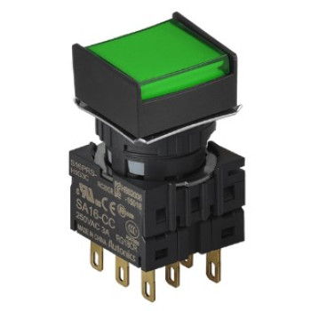 Nyomógomb - 3 NO/NC,kontakt,bennragadó,zöld LED,Max 250VAC-/3A,IP65 (IEC 