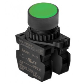 Nyomógomb - Zöld, 2x NO kontakt, Max 250VAC 6A, IP65